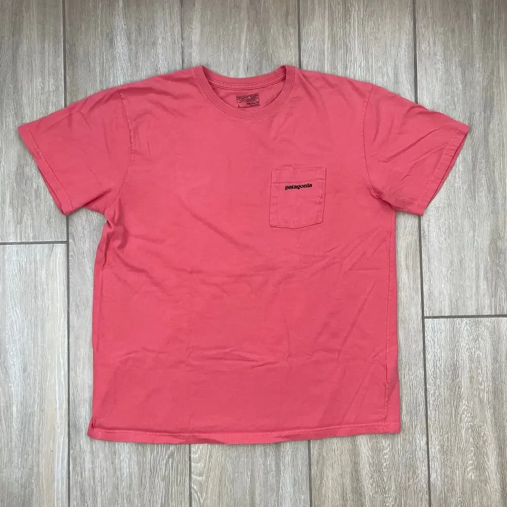 Patagonia P-6 Logo Pocket T Shirt Men's Large Coral Pink Organic Cotton Tee